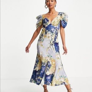 Button Through Midi Tea Dress Drape Shoulder Detail In Mixed Floral Print-multi